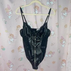 Genhoo Faux Leather Mesh and Lace Bodysuit with Zipper